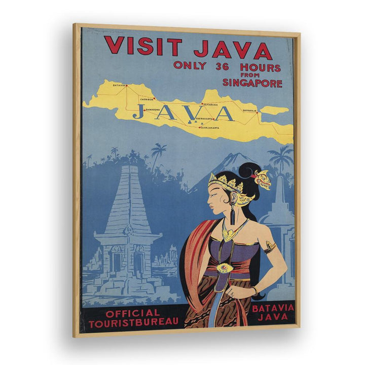 Java Retro Vintage Travel Vintage Travel Posters in Oak Wood Plain Frame