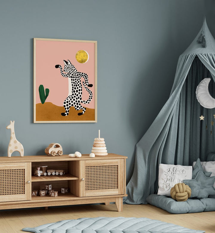 Jazzy Wild Cat By Uma Gokhale Kids Paintings in Oak Wood Plain Frame on a blue wall above a console table for kids room