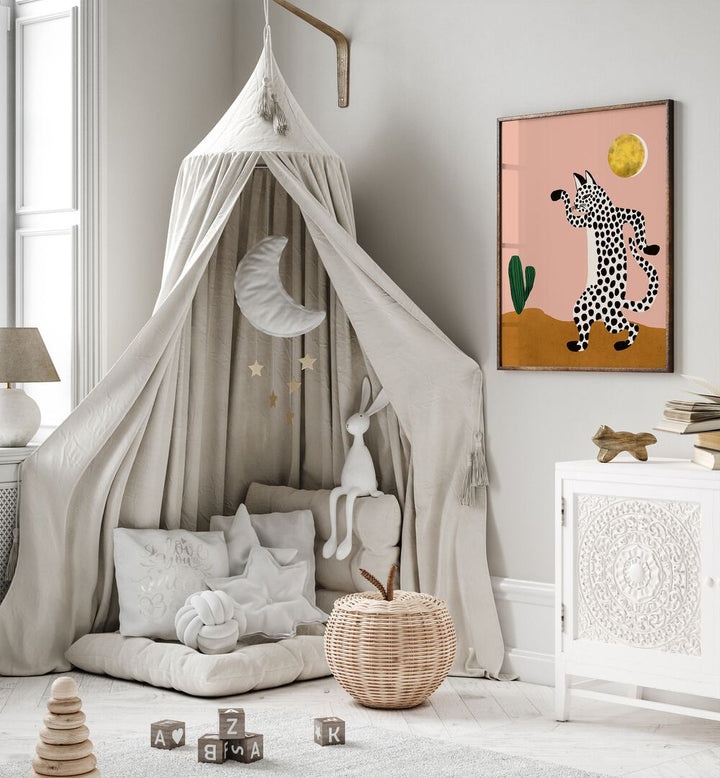 Jazzy Wild Cat By Uma Gokhale Kids Paintings in Black Plain Frame on a white wall beside a tent for kids room