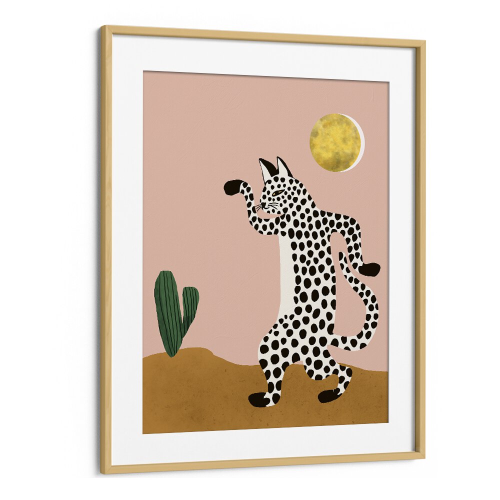 Jazzy Wild Cat By Uma Gokhale Kids Paintings in Oak Wood Frame With Mount