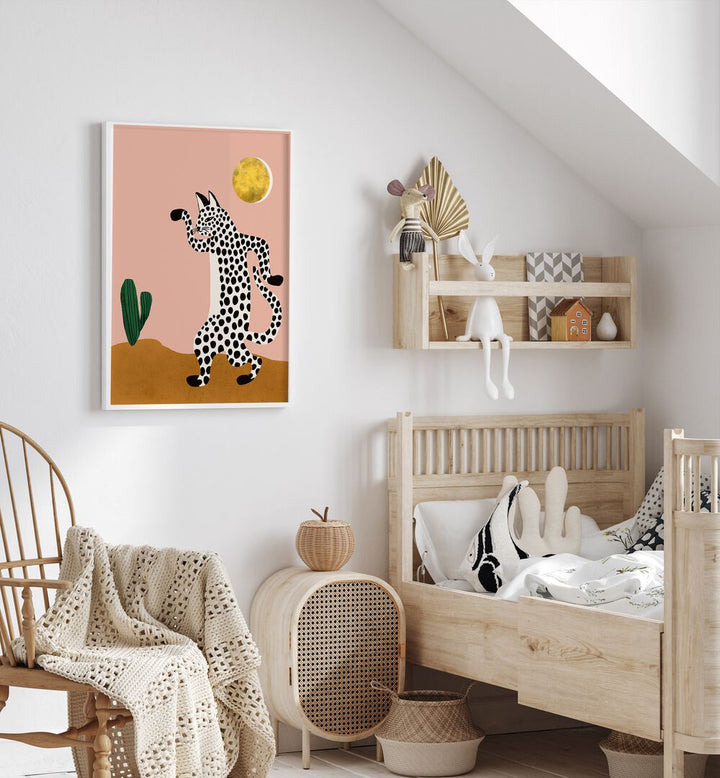 Jazzy Wild Cat By Uma Gokhale Kids Paintings in White Plain Frame on a white wall beside a bed for kids room