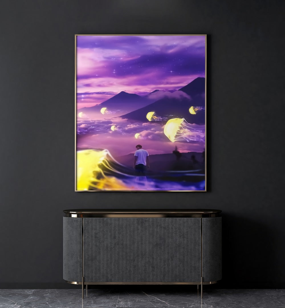 Jellyfish Mountain By Ritvik Takkar Surreal Art Prints in Gold Plain Frame placed on a Dark Grey Colored Wall above a Console Table in the Drawing Room