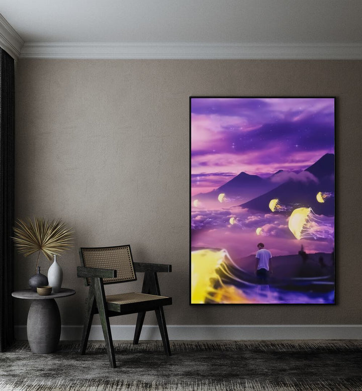 Jellyfish Mountain By Ritvik Takkar Surreal Art Prints in Black Plain Frame placed on a Beige Colored Wall in the Drawing Room