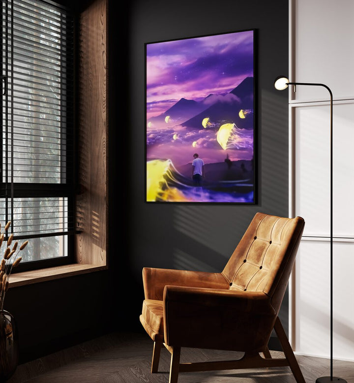 Jellyfish Mountain By Ritvik Takkar Surreal Art Prints in Black Plain Frame placed on a Dark Grey Colored Wall in the Drawing Room