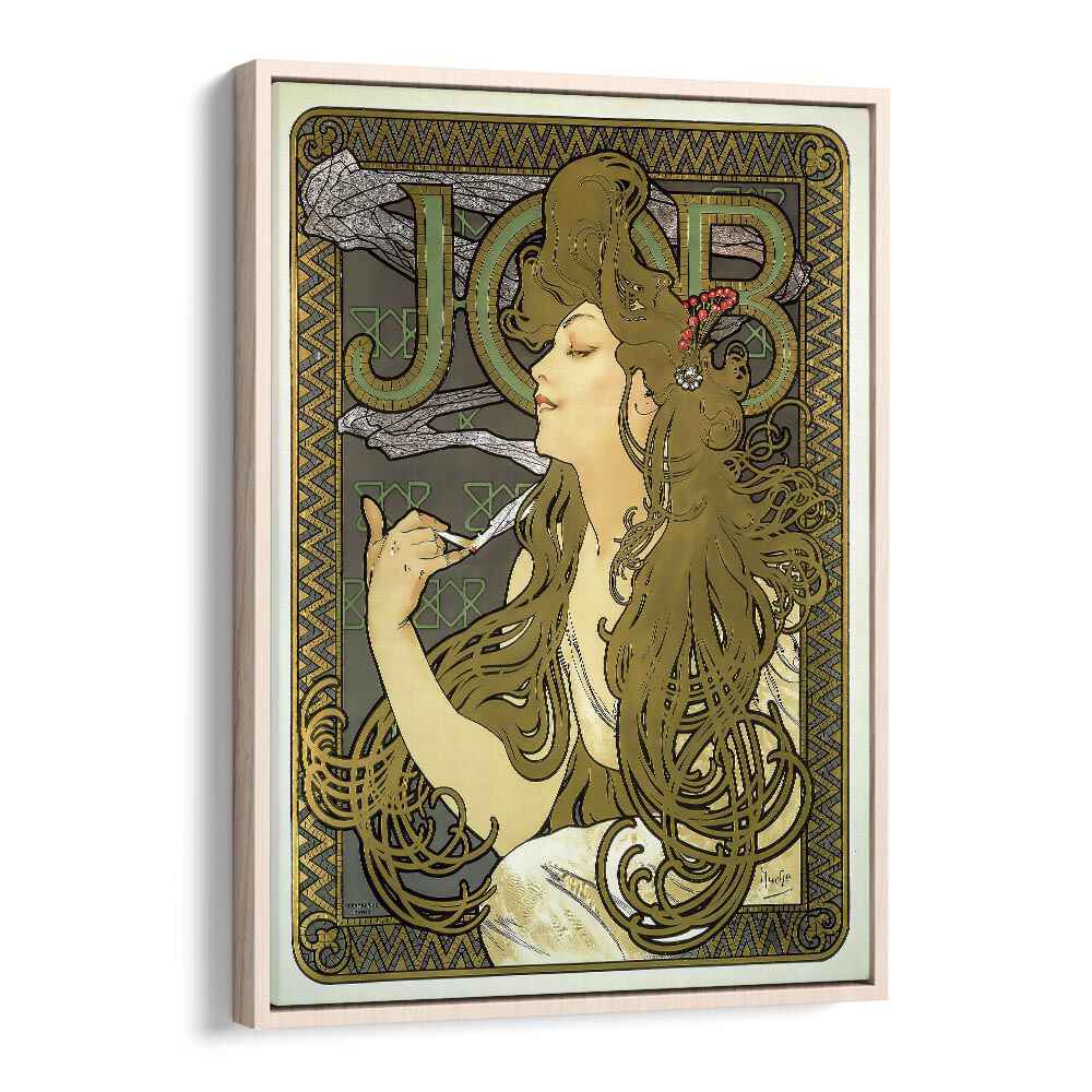 Job Cigarette Paper 1896 By Alphonse Mucha Vintage Paintings in Oak Wood Floater Frame