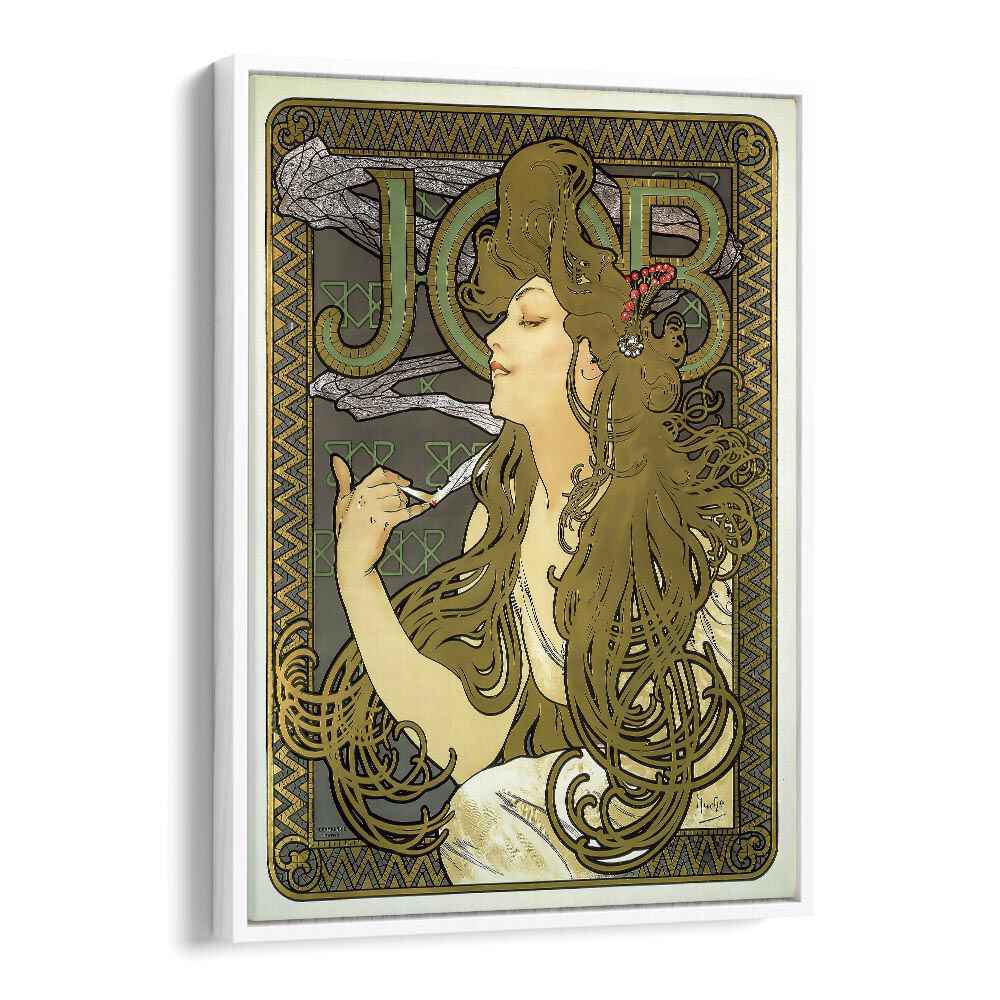 Job Cigarette Paper 1896 By Alphonse Mucha Vintage Paintings in White Floater Frame