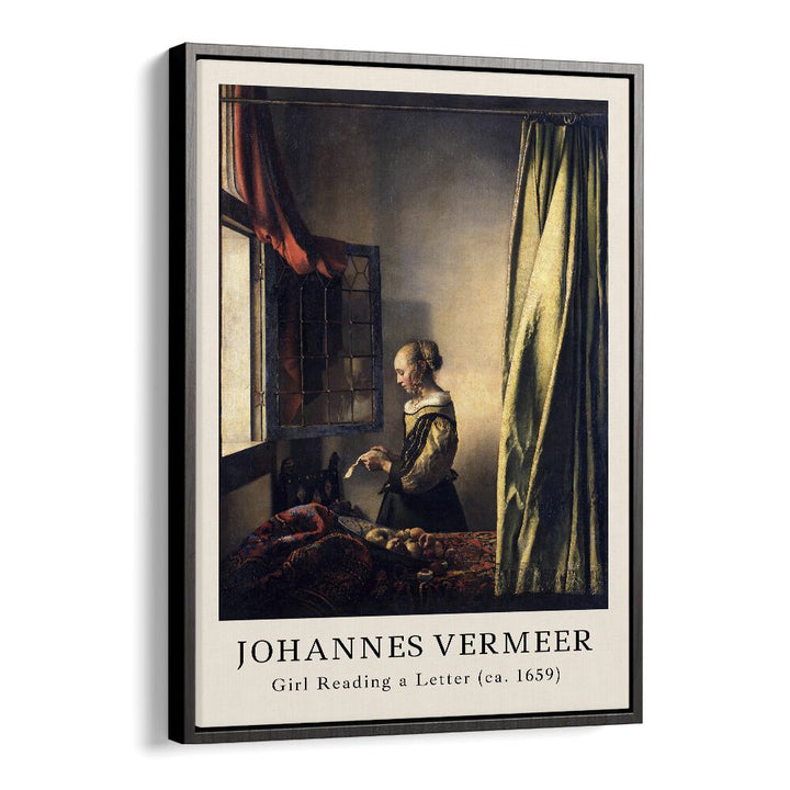 Johannas Vermeer Girl Reading A Letter-1659 By Johannes Vermeer Vintage Paintings in Black Floater Frame