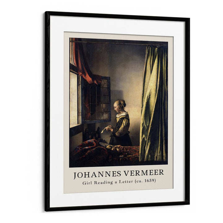 Johannas Vermeer Girl Reading A Letter-1659 By Johannes Vermeer Vintage Paintings in Black Frame With Mount