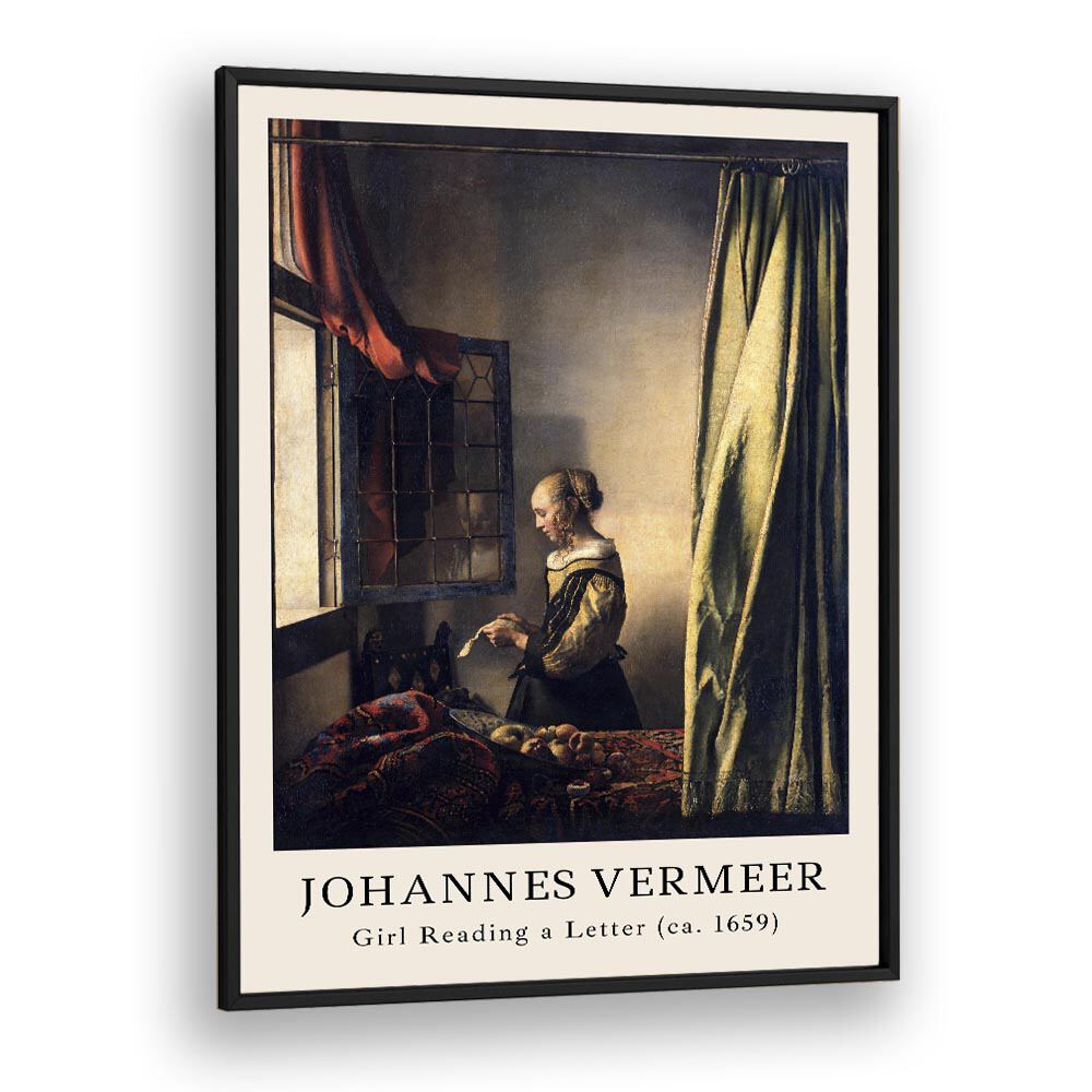 Johannas Vermeer Girl Reading A Letter-1659 By Johannes Vermeer Vintage Paintings in Black Plain Frame