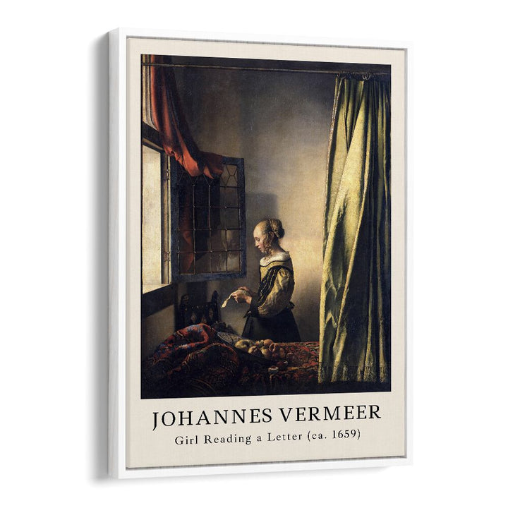 Johannas Vermeer Girl Reading A Letter-1659 By Johannes Vermeer Vintage Paintings in White Floater Frame