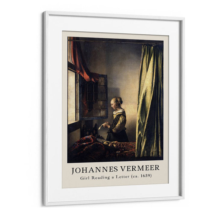 Johannas Vermeer Girl Reading A Letter-1659 By Johannes Vermeer Vintage Paintings in White Frame With Mount