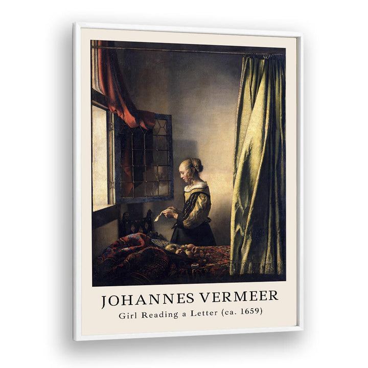 Johannas Vermeer Girl Reading A Letter-1659 By Johannes Vermeer Vintage Paintings in White Plain Frame