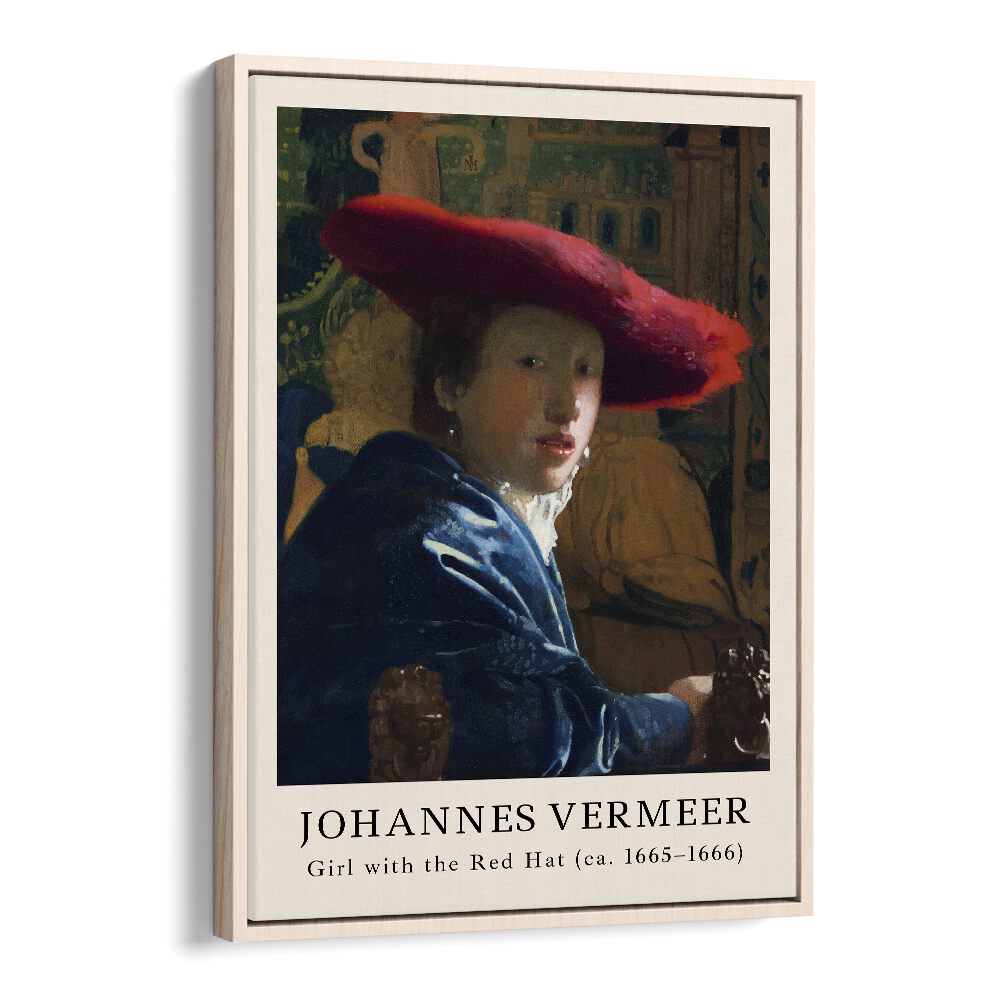 Johannes Vermeer Girl With Red Hat 1665-1666 By Johannes Vermeer Vintage Paintings in Oak Wood Floater Frame