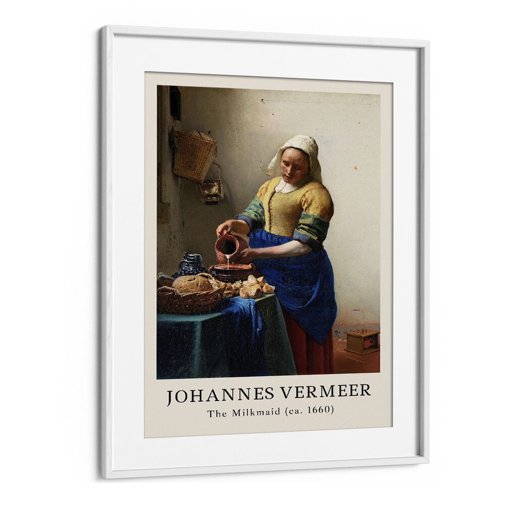 Johannes Vermeer The Milkmaid-1660 By Johannes Vermeer Vintage Paintings in White Frame With Mount