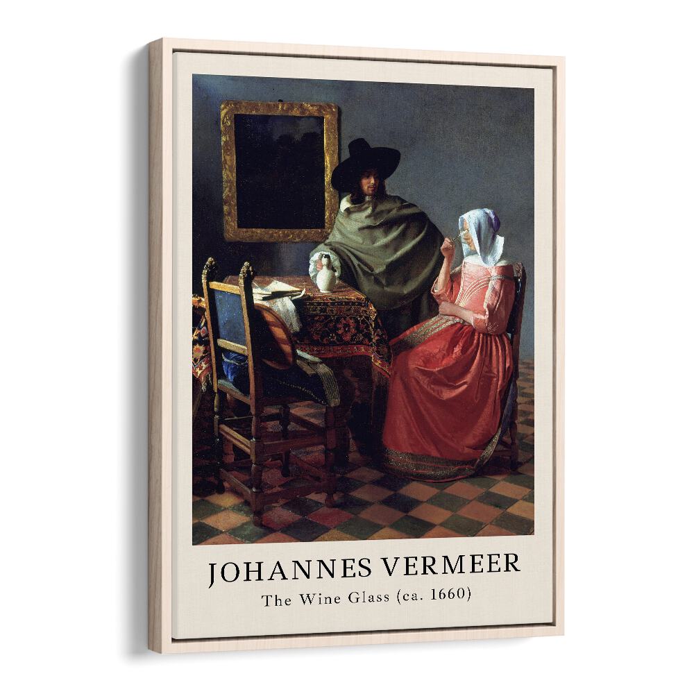 Johannes Vermeer the Wine Glass-1660 By Johannes Vermeer Vintage Paintings in Oak Wood Floater Frame