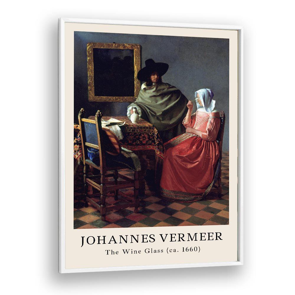 Johannes Vermeer the Wine Glass-1660 By Johannes Vermeer Vintage Paintings in White Plain Frame