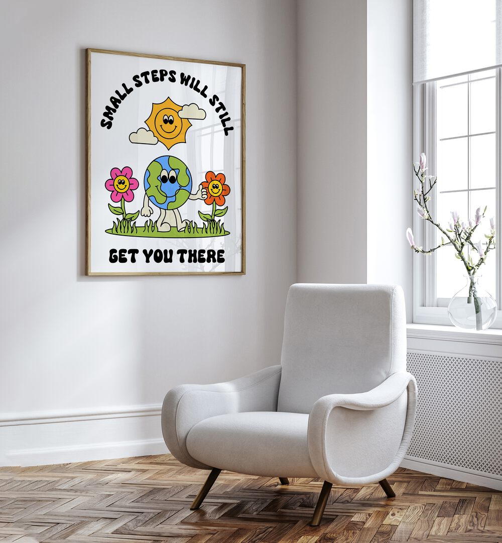 Journey of Progress Small Steps Will Get You There Quotes and Typography Posters in Oak Wood Plain Frame placed on a wall beside a chair