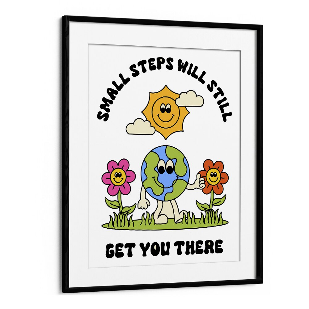 Journey of Progress Small Steps Will Get You There Quotes and Typography Posters in Black Frame With Mount