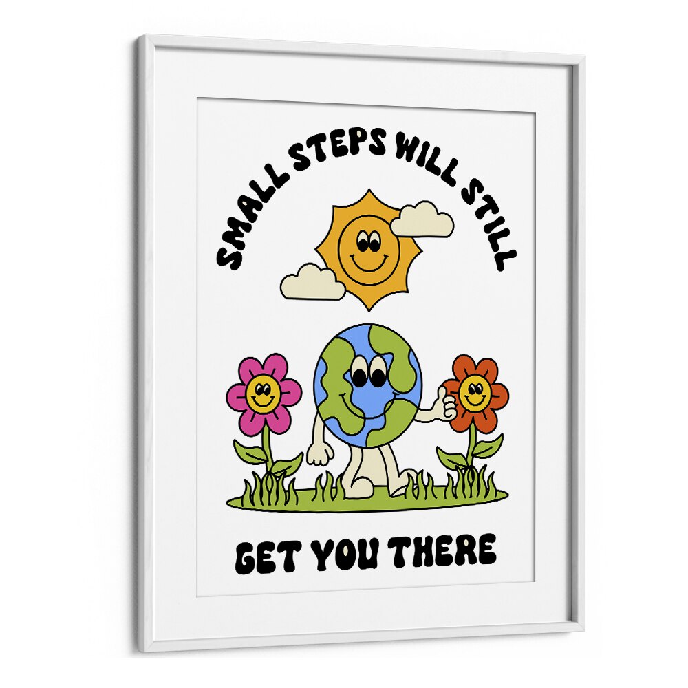 Journey of Progress Small Steps Will Get You There Quotes and Typography Posters in White Frame With Mount