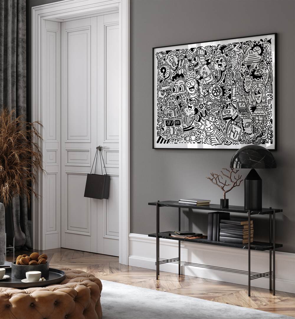 Joy Ride Doodle Art Painting in Black Plain Frame placed on wall behind a black table and beside a door