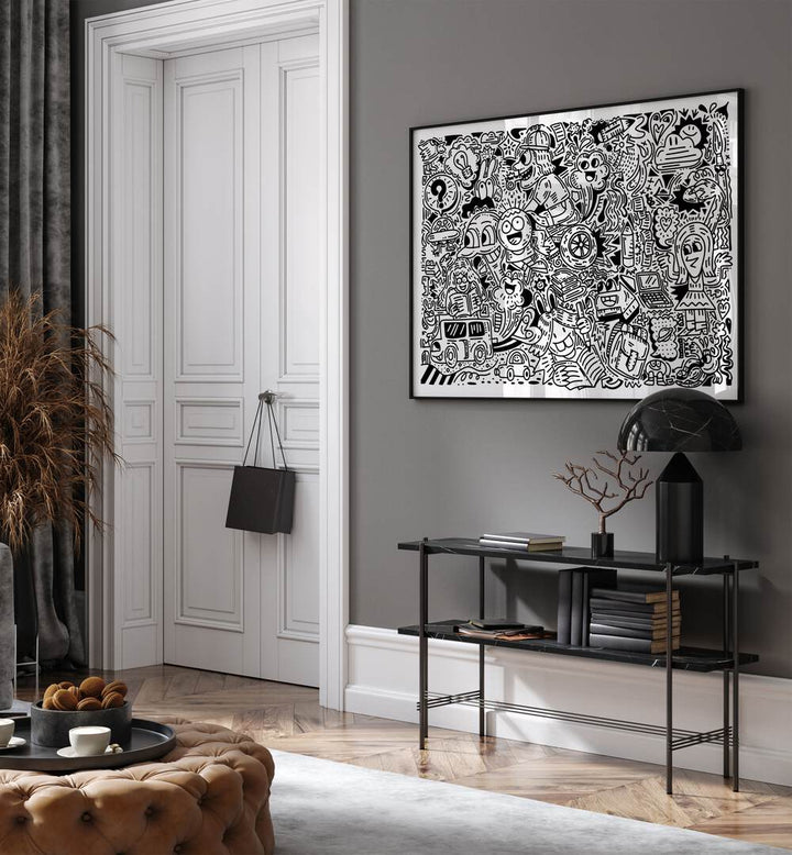 Joy Ride Doodle Art Painting in Black Plain Frame placed on wall behind a black table and beside a door