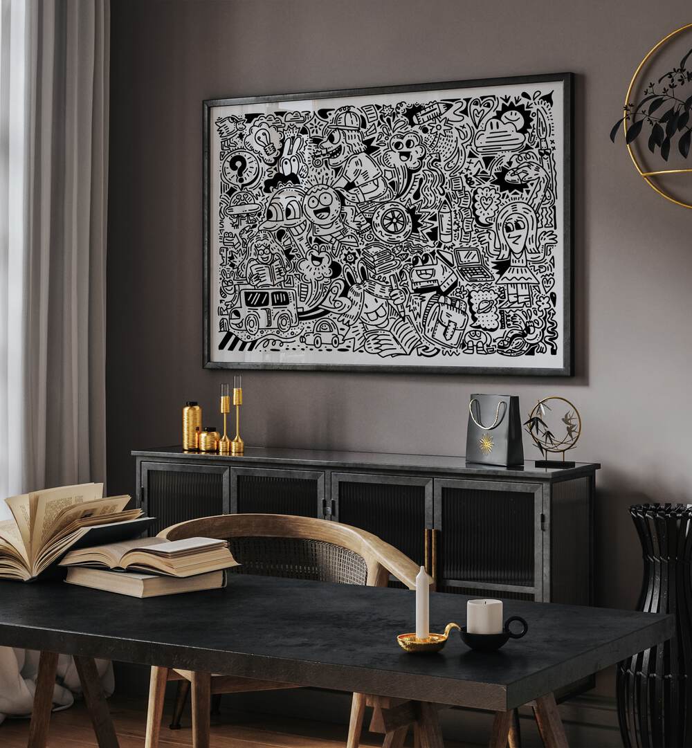 Joy Ride Doodle Art Painting in Black Plain Frame placed on wall behind a black table