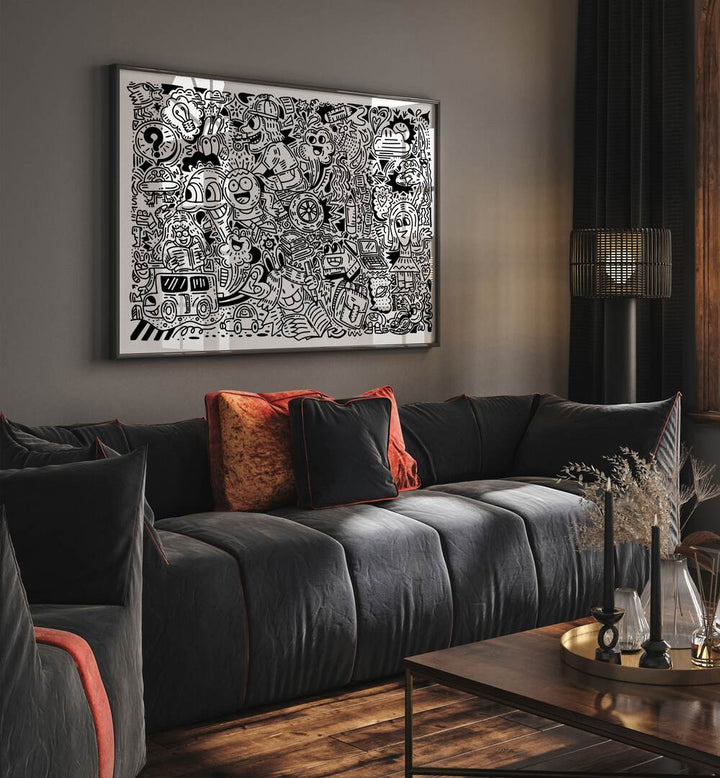 Joy Ride Doodle Art Painting in Black Plain Frame placed on wall behind a sofa