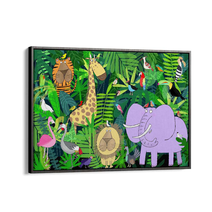 Jungle Animals Deep In The Jungle Foliage By Carla Daly Kids Painting in Black Floater Frame