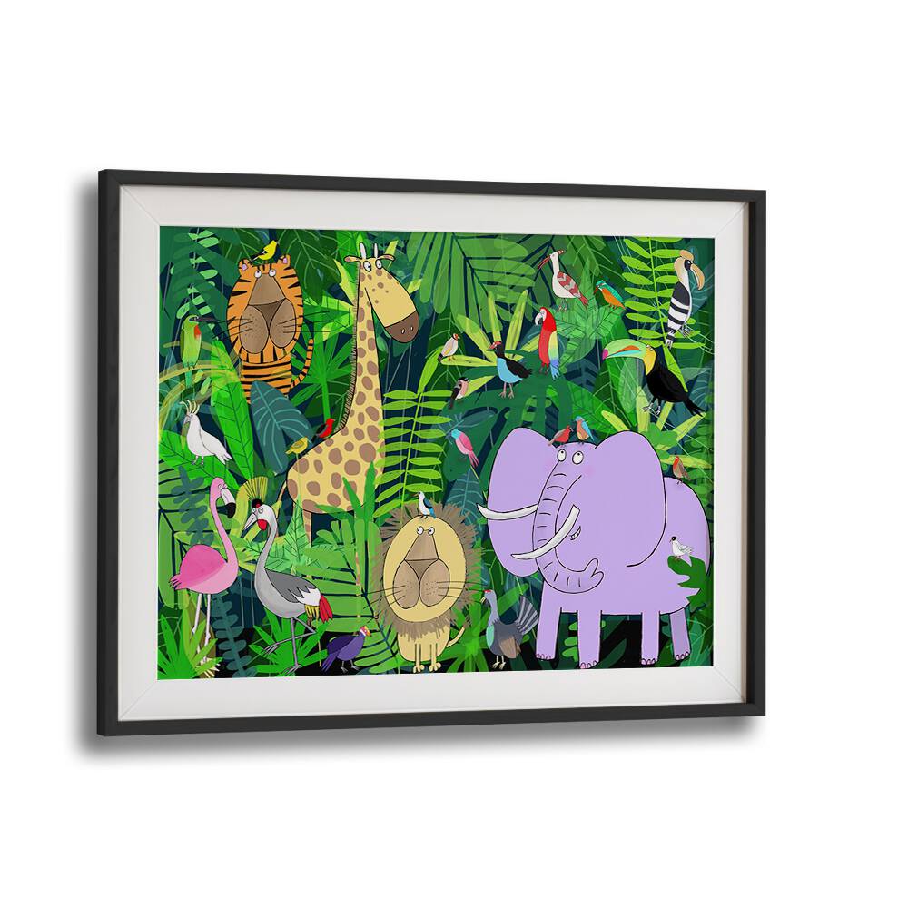 Jungle Animals Deep In The Jungle Foliage By Carla Daly Kids Painting in Black Frame With Mount