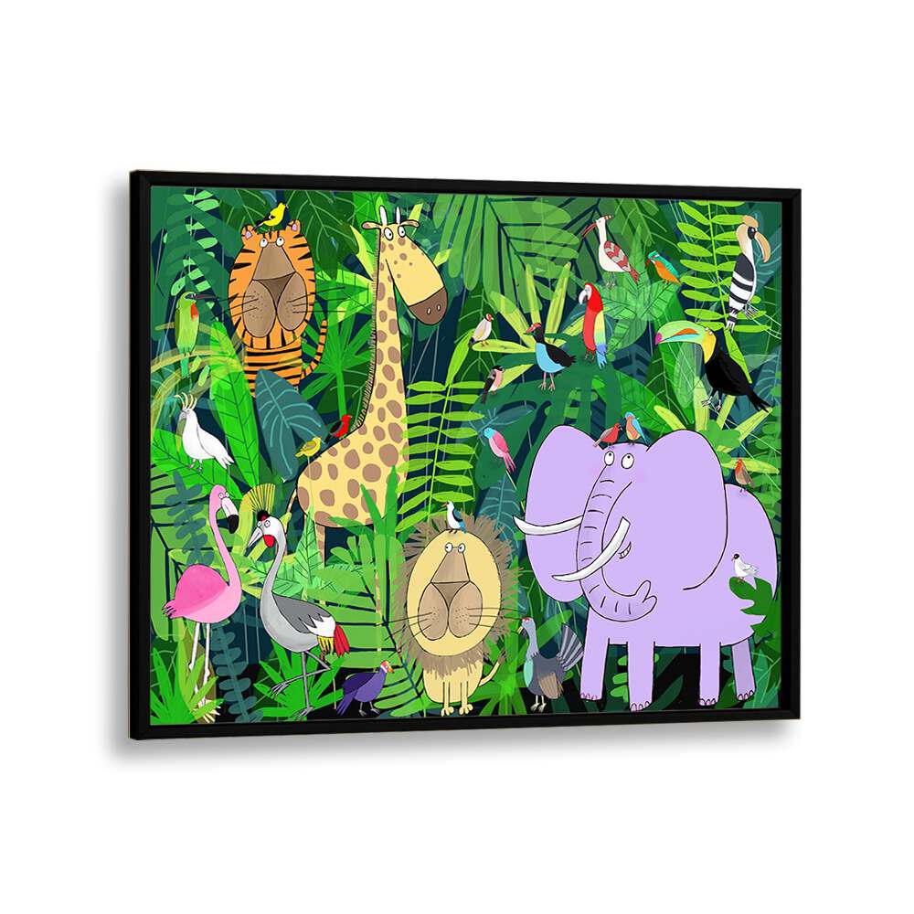 Jungle Animals Deep In The Jungle Foliage By Carla Daly Kids Painting in Black Plain Frame