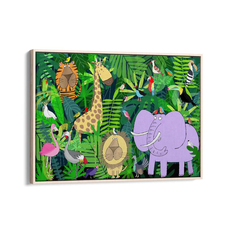 Jungle Animals Deep In The Jungle Foliage By Carla Daly Kids Painting in Oak Wood Floater Frame