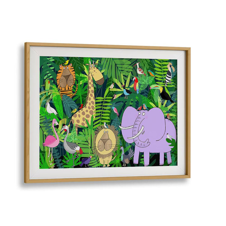 Jungle Animals Deep In The Jungle Foliage By Carla Daly Kids Painting in Oak Wood Frame With Mount