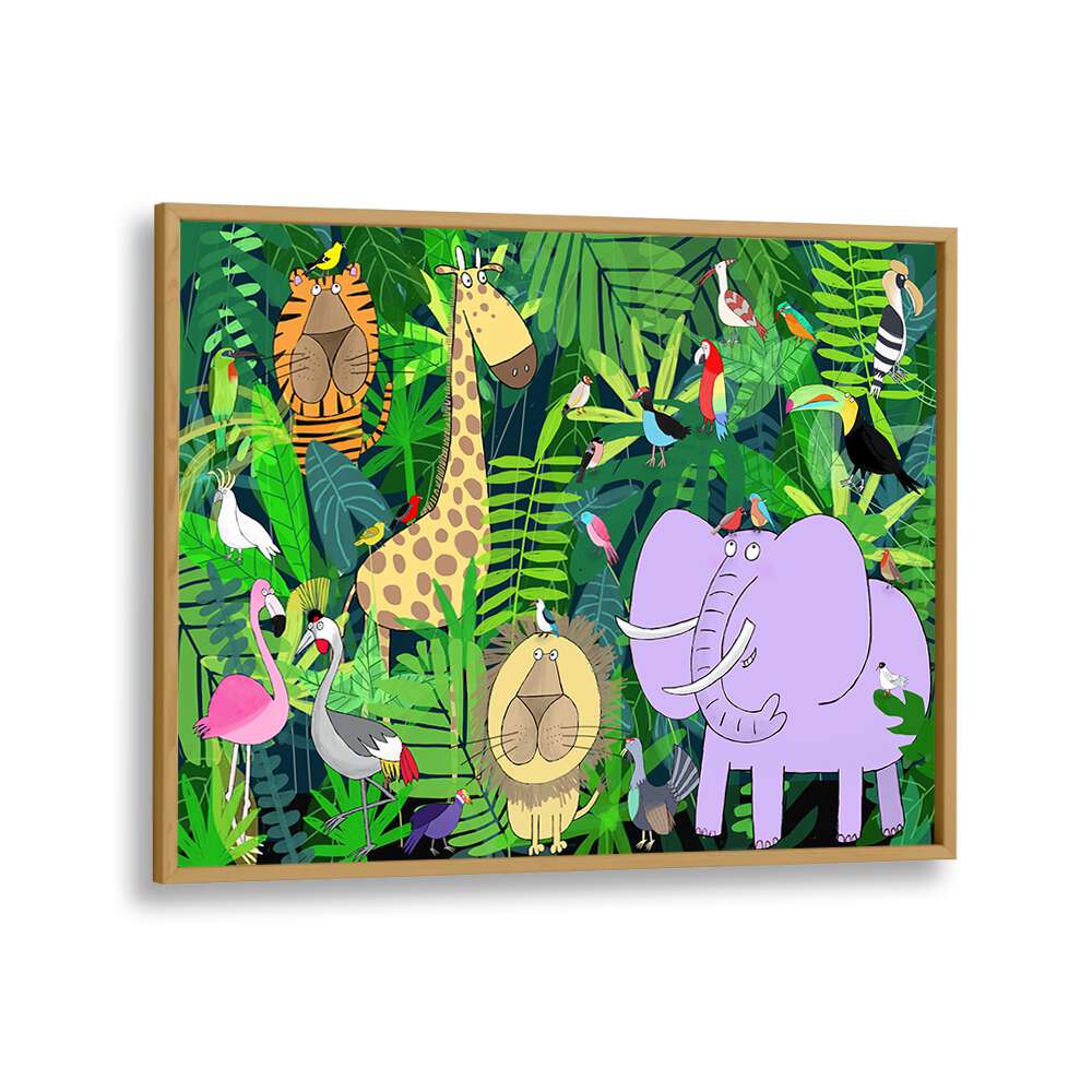 Jungle Animals Deep In The Jungle Foliage By Carla Daly Kids Painting in Oak Wood Plain Frame