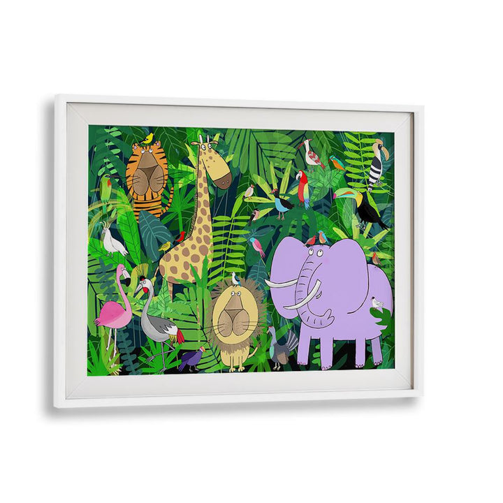 Jungle Animals Deep In The Jungle Foliage By Carla Daly Kids Painting in White Frame With Mount