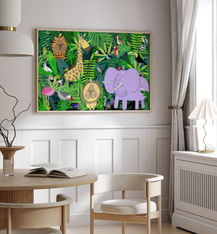 Jungle Animals Deep In The Jungle Foliage By Carla Daly Kids Painting placed on a wall