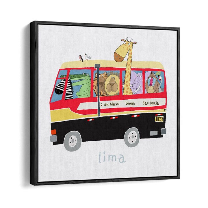 Jungle Animals In A Bus In Lima By Carla Daly Kids Room Painting in Black Floater Frame