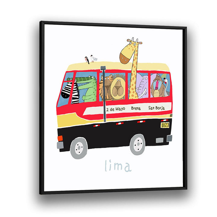 Jungle Animals In A Bus In Lima By Carla Daly Kids Room Painting in Black Plain Frame