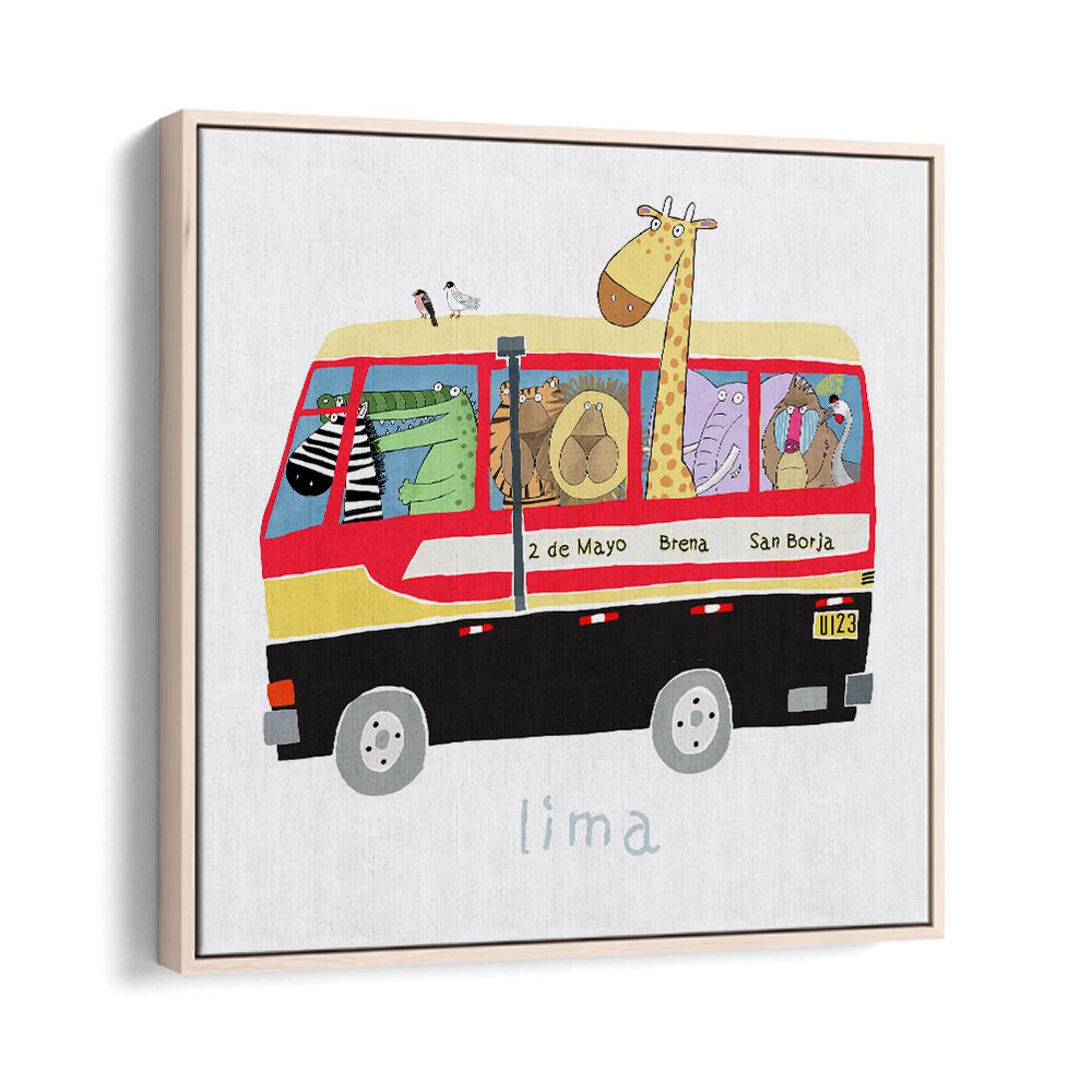 Jungle Animals In A Bus In Lima By Carla Daly Kids Room Painting in Oak Wood Floater Frame