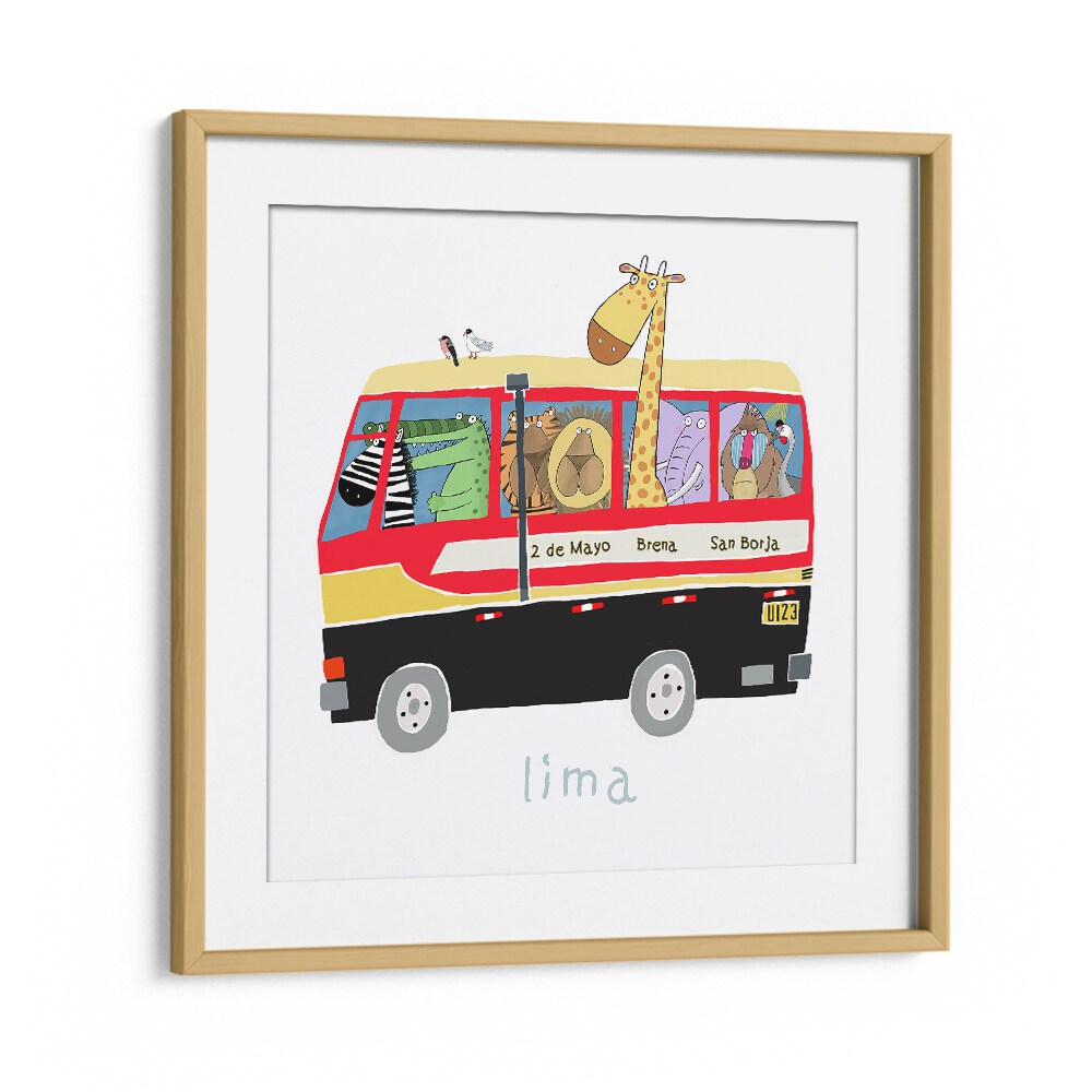 Jungle Animals In A Bus In Lima By Carla Daly Kids Room Painting in Oak Wood Frame With Mount