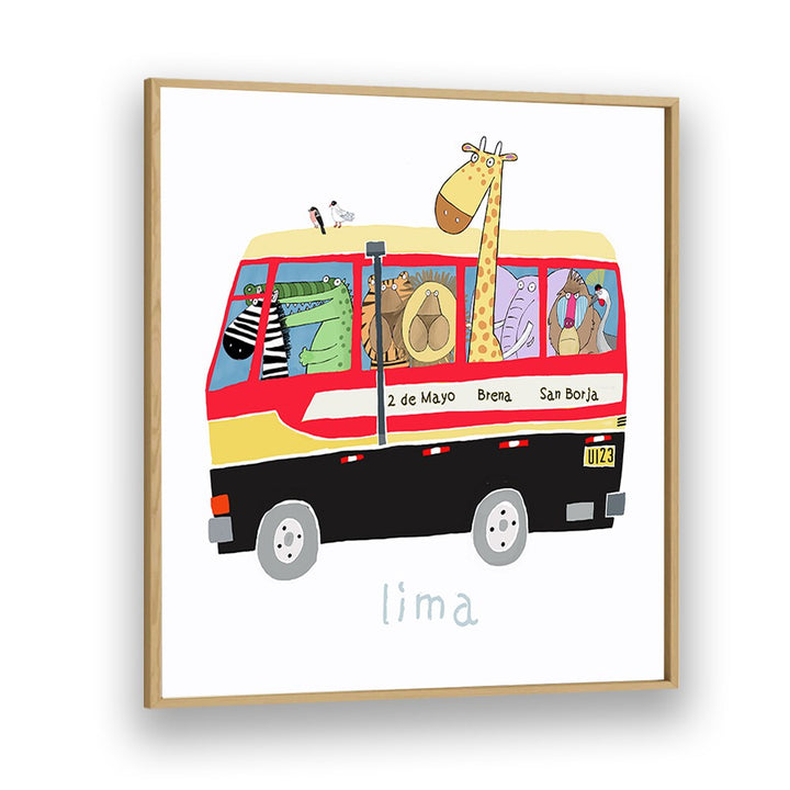 Jungle Animals In A Bus In Lima By Carla Daly Kids Room Painting in Oak Wood Plain Frame