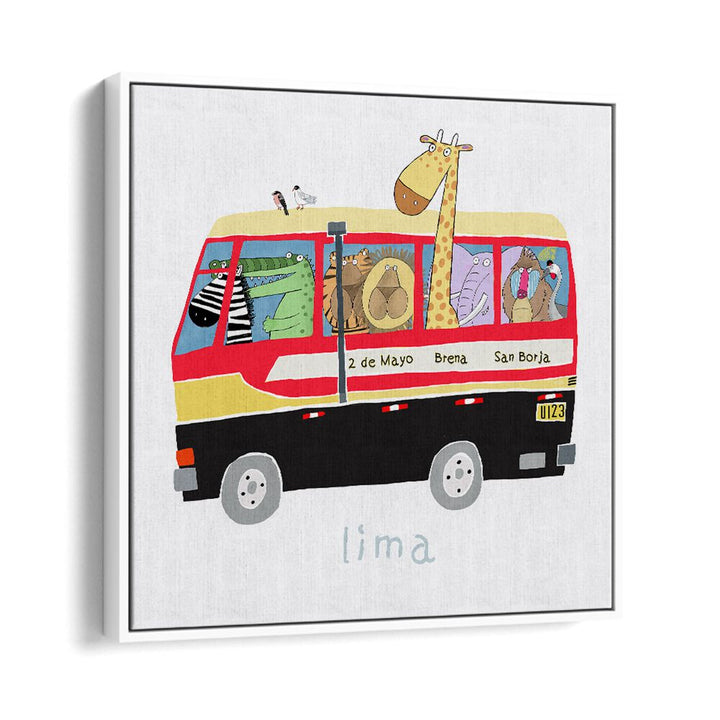 Jungle Animals In A Bus In Lima By Carla Daly Kids Room Painting in White Floater Frame