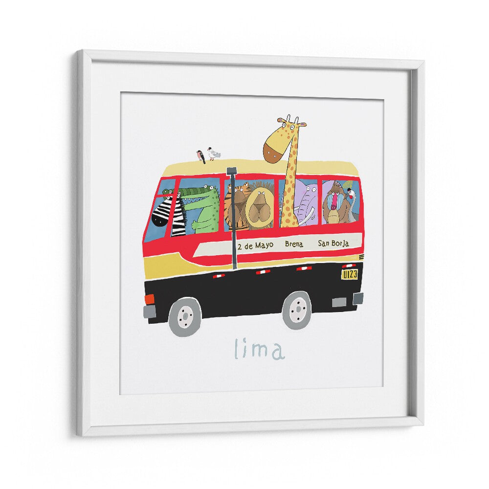 Jungle Animals In A Bus In Lima By Carla Daly Kids Room Painting in White Frame With Mount