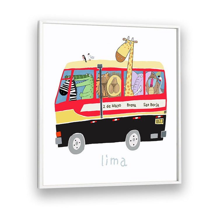 Jungle Animals In A Bus In Lima By Carla Daly Kids Room Painting in White Plain Frame