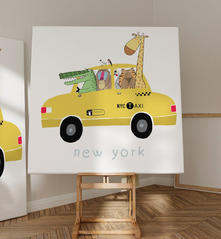 Jungle Animals In A Yellow Taxi In New York By Carla Daly Kids Room Painting  placed on a wall