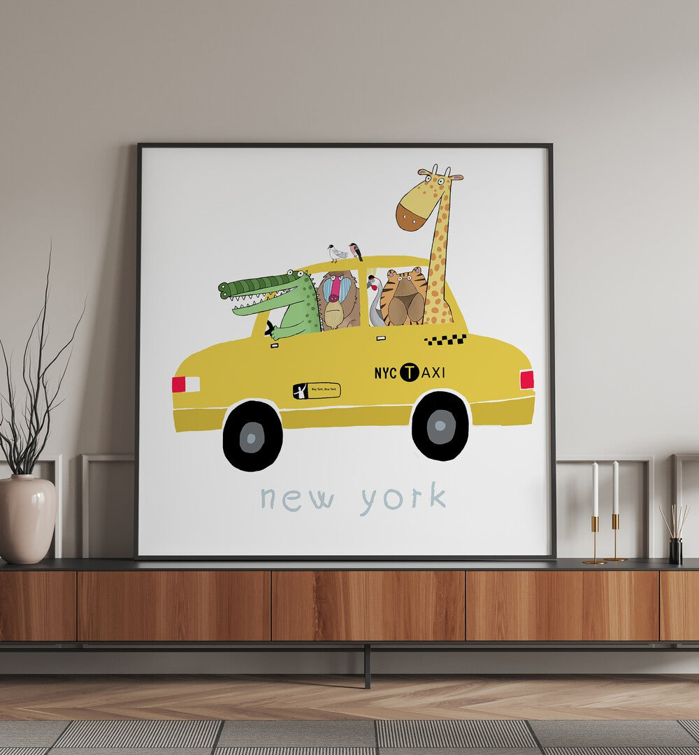 Jungle Animals In A Yellow Taxi In New York By Carla Daly Kids Room Painting  placed on a wall