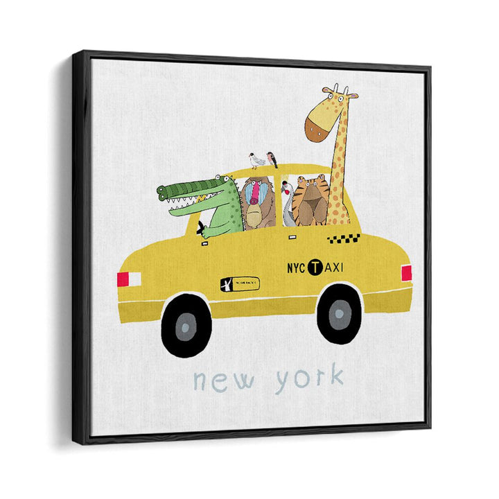 Jungle Animals In A Yellow Taxi In New York By Carla Daly Kids Room Painting in Black Floater Frame