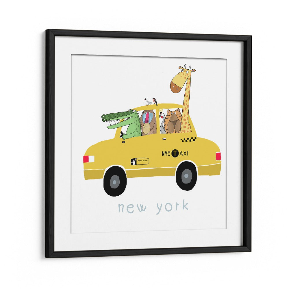 Jungle Animals In A Yellow Taxi In New York By Carla Daly Kids Room Painting in Black Frame With Mount