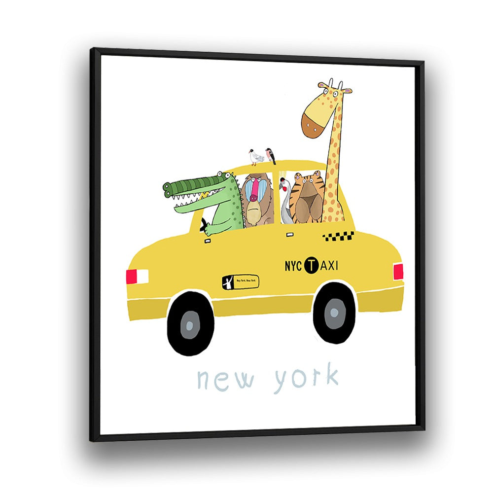 Jungle Animals In A Yellow Taxi In New York By Carla Daly Kids Room Painting in Black Plain Frame