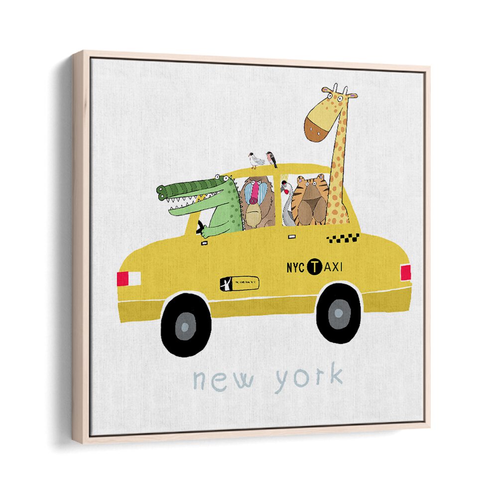 Jungle Animals In A Yellow Taxi In New York By Carla Daly Kids Room Painting in Oak Wood Floater Frame