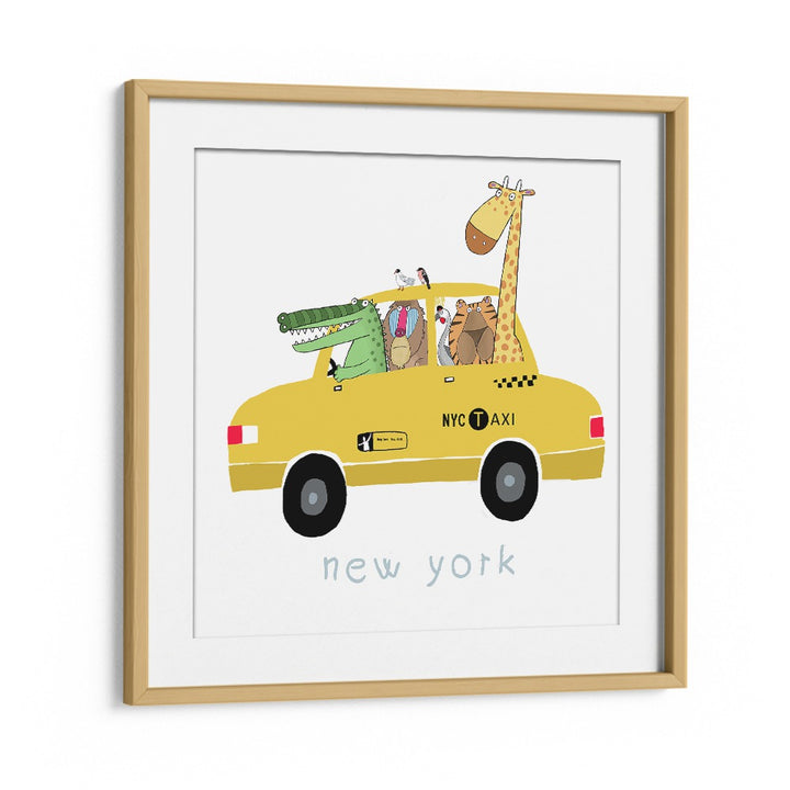 Jungle Animals In A Yellow Taxi In New York By Carla Daly Kids Room Painting in Oak Wood Frame With Mount